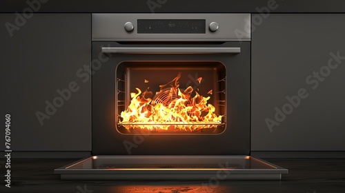 A modern oven with an open door and flames coming out. The oven is made of stainless steel and has a black glass control panel.