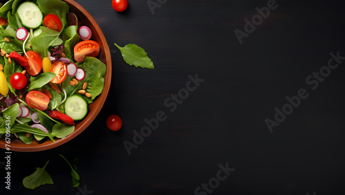 Tasty salad in bowl on black wooden background with copy space. Healthy fresh vegetable, fruit and grain. Topview