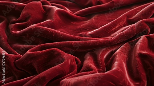 Red velvet fabric with soft folds. The folds of the fabric are smooth and flowing, creating a luxurious look.