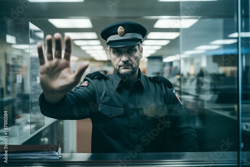 Male border guard showing a stop sign gesture with his hand palm forbidding crossing the border. Concept of migrance control and migrants problem.