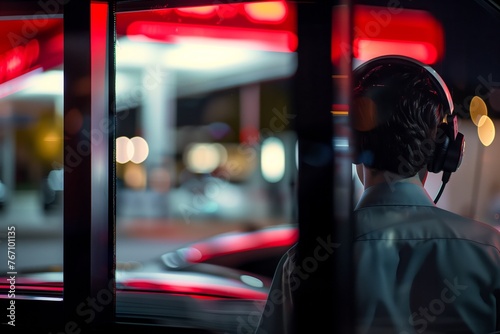 worker wearing a headset at a drivethru window