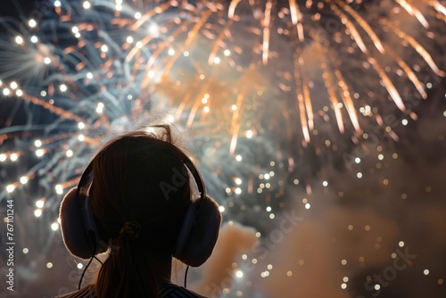 person with earmuffs on during a fireworks display