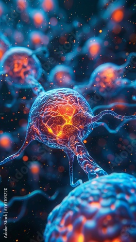 Liver cells detoxifying substances, vibrant activity highlight, microscopic level, inner glow
