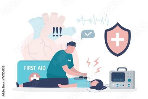 Male paramedic use defibrillator for cardiac arrest of woman patient suffer from heart attack. Doctor first aid resuscitation. Lifesaving, ambulance, emergency service.