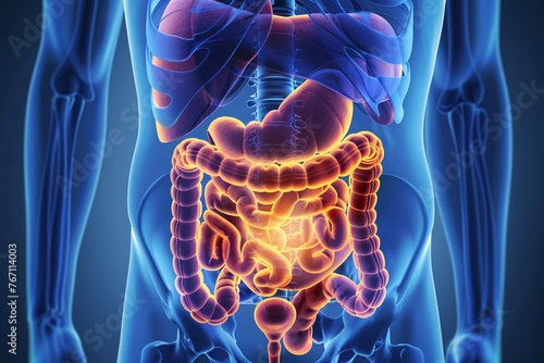 Visualization of the digestive system illustrating the impact of chronic inflammation on the bodys ability to process food and absorb nutrients