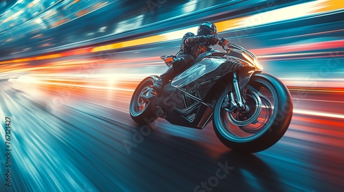 Speed-blur effect of a motorcycle racing through an illuminated city at night