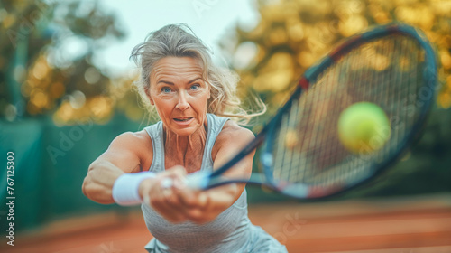 Portrait of active middle aged woman playing tennis