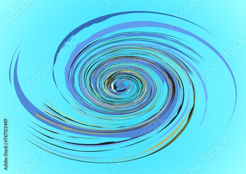 Vortex with blue and turquoise colors - graphic abstraction with effect of depth of space, motion, rotation and 3D concave. Topics: mixing colors, texture, pattern, wallpaper, computer art, background