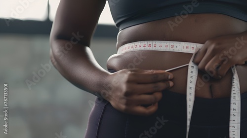 A black, slightly overweight woman measuring her waist with a measuring tape