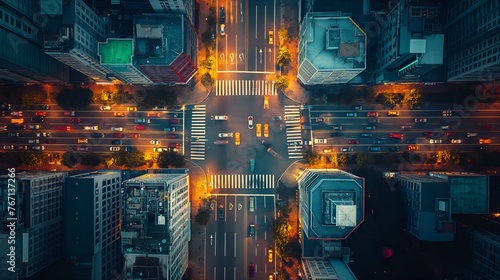 Bird's eye view from a drone of a cityscape metropolis, bustling traffic, city lights