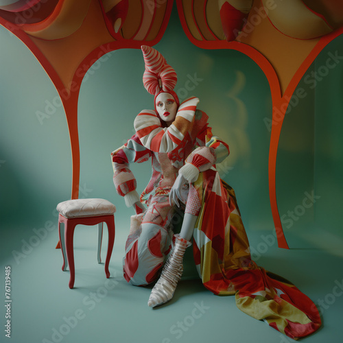 Unique model in haute couture Pierrot-like outfits made of colorful patterns. Bizarre, dreamy, fairytale high fashion and playful accessories. Illustration with a colorful aesthetics, ultra-detailed. 