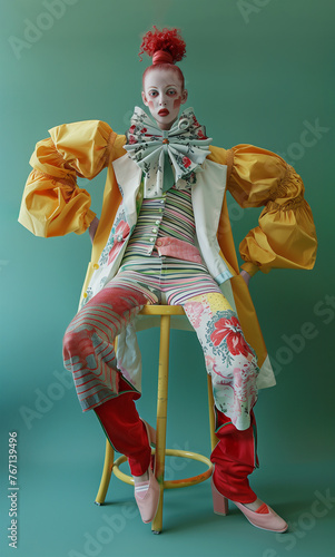 Unique model in haute couture outfits made of colorful floral patterns. Bizarre, dreamy, fairytale high fashion and playful accessories. Illustration with a colorful aesthetics, ultra-detailed. 