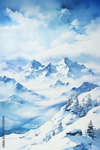 Snowy mountain pass, watercolor, crisp whites and blues, midangle, clear winter sky