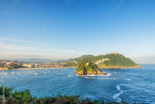 Aerial view of turquoise bay of San Sebastian or Donostia with beach La Concha at sunrise, Basque country, Spain