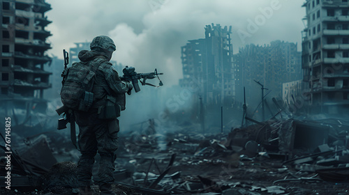  Soldier with rifle holding baby in apocalyptic city