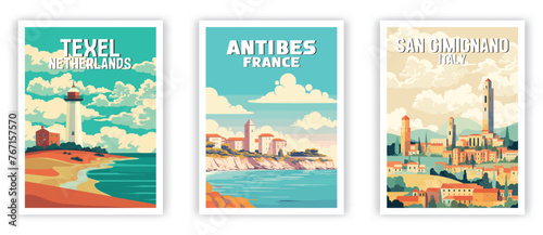 Texel, Antibes, San GimiGnano Illustration Art. Travel Poster Wall Art. Minimalist Vector art