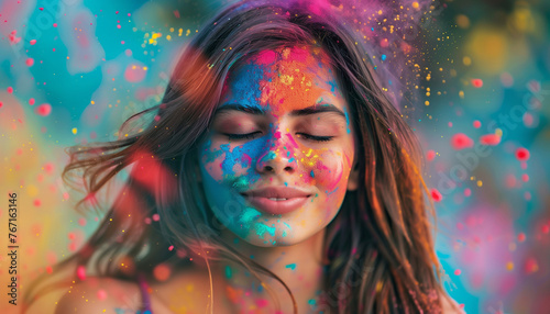 Joyful Woman with Colorful Holi Powder on Face
