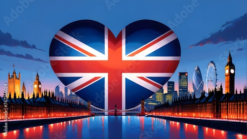 A heart-shaped British flag Union Jack , London skyline at dusk backdrop, city lights.