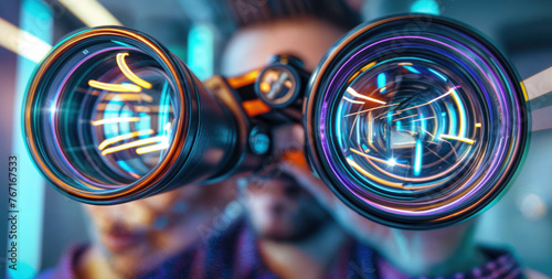 Businessman strategic insight. Using binoculars to gain a clear vision, spotting opportunities for success and growth in the corporate landscape