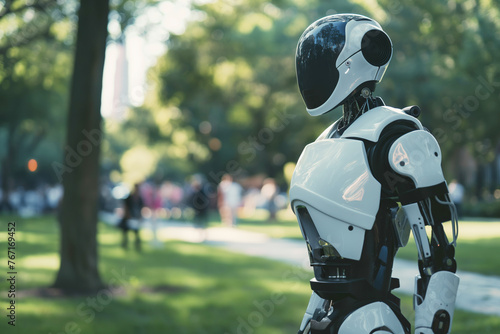 Futuristic Humanoid Robot Wearing a Helmet Stands in a Lush Park