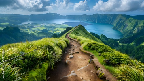 Mountain landscape with hiking trail and view of beautiful lakes Ponta Delgada, Sao Miguel Island, Azores, Portugal, Mountain landscape with hiking trail and view of beautiful lakes Ai Generated 