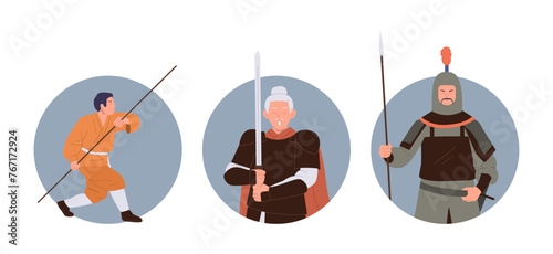 Isolated round composition set with ancient chinese warrior military man and shaolin monk characters