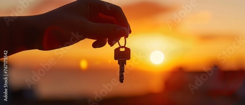 New home celebration, hand holding keys with sunrise backdrop