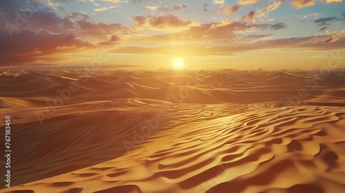 A vast desert landscape, where towering sand dunes stretch to the horizon, illuminated by the warm glow of a setting sun, casting long shadows across the rippling sands.