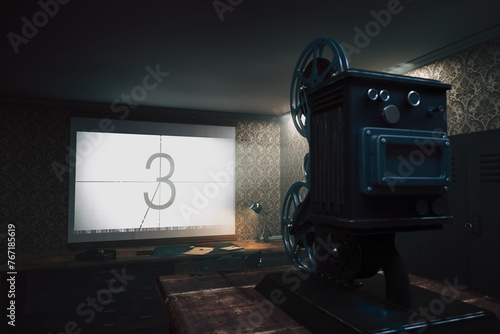 Vintage Film Projector in Dimly Lit Room: Nostalgic Cinema Experience