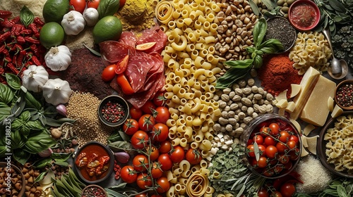 A panoramic display of assorted Italian cuisine ingredients including pasta tomatoes