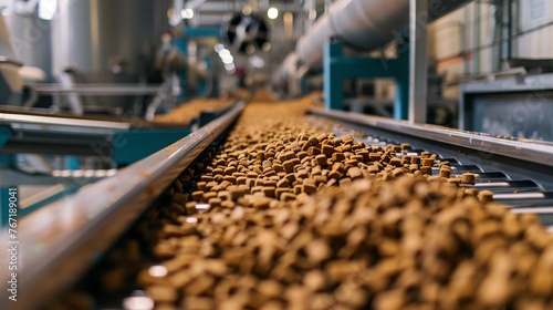 An industrial pet food manufacturing process showing kibble being efficiently processed and sorted on an automated conveyor belt system.