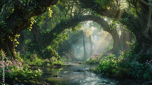 captivating digital masterpiece featuring a fairytale enchanted forest, with towering trees cloaked in verdant foliage and a serene river winding its way through the lush landscape