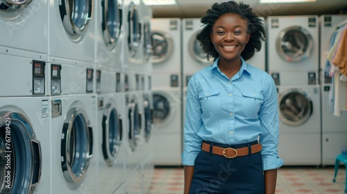 Joyful employee in a laundromat. Friendly staff portrait with commercial laundry machines.