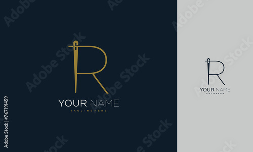 Initial letter R sewing logo formed from thread and needle with gold colour