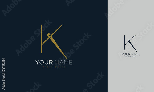 Initial letter K sewing logo formed from thread and needle with gold colour