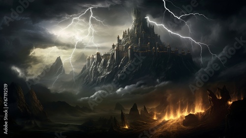 a castle in a storm with lightning in the sky