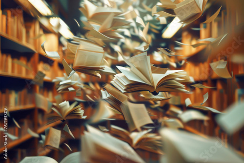 A high-speed shot capturing the moment a book is thrown into the air, pages flying everywhere