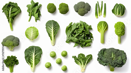 Illustration of isolated green vegetables on white background. Lettuce, spinach, broccoli, green leaves, Brussels sprouts.