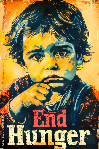 "End Hunger" A poster featuring a hungry child and a call to action for food donations and hunger relief