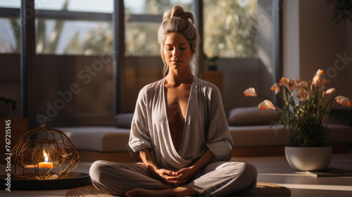 Mature Woman meditating quietly inside her zen living room in the morning light with blurry nature background