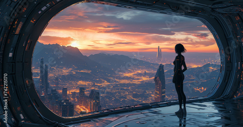 Standing Woman wearing a skinny black spacesuit contemplating the endless city of an unknown world during the sunset behind a large window into a spaceship