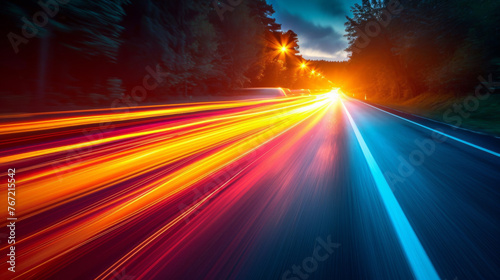View of a night road with many car headlight right straight traces with extreme speed blur effect and streetlights and trees along the road