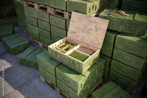 Close-Up View: Ammunition Boxes and Military Supplies in a Secure Depot