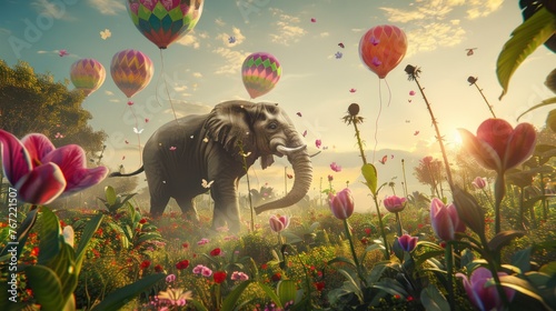A surreal and magical scene featuring an elephant floating with balloons above a glade full of flowers and grass.