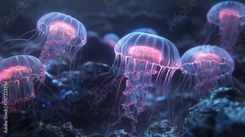 glowing sea jellyfishes on dark background, neural network generated art.