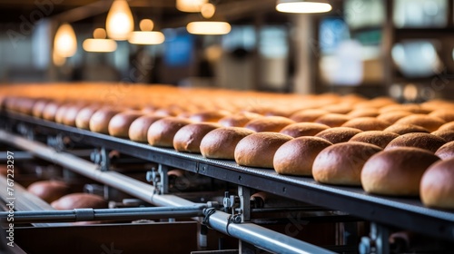 Bread loaves on automated bakery conveyor belt in a production line for commercial baking