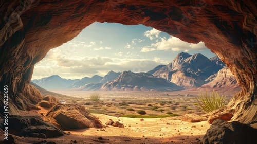 Inside sandstone cave entrance with scenic view of desert 