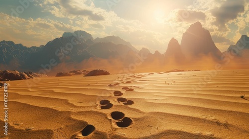 Photo of footprints in the desert sand with majestic mountains in the backdrop,