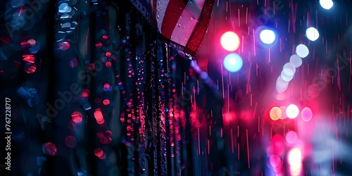 Rainsoaked crime scene with police lights and an American flag draped over a fence. Concept Crime Scene Photography, Police Investigation, Rainy Night, American Flag, Law Enforcement