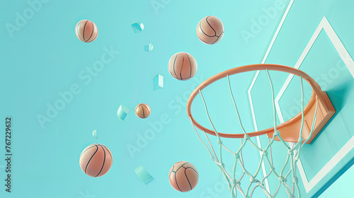 3D rendering of basketballs flying towards the hoop The background is a light blue sky One ball flies out from under an aquamarine backboard